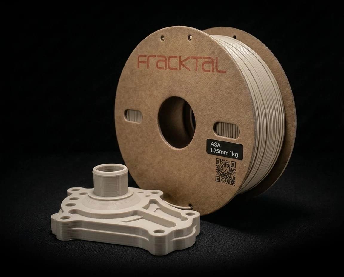 Fracktal ASA filament spool on black background