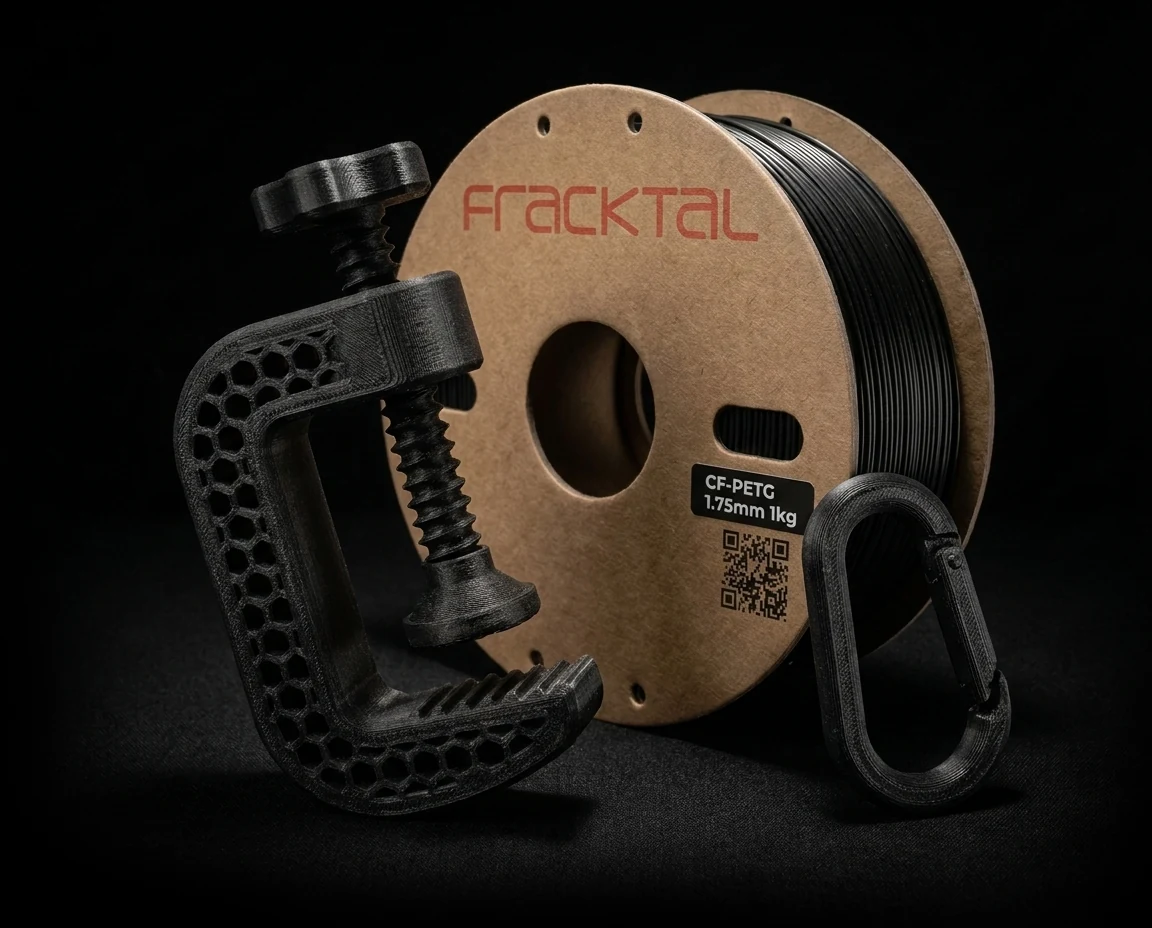 Fracktal Carbon Fiber PETG filament spool on black background