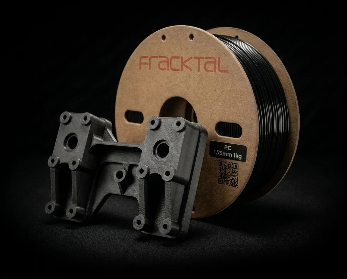 Fracktal Polycarbonate PC filament spool on black background