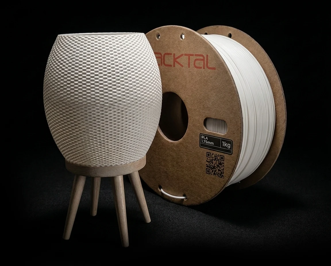 A 3D-printed lattice vase and a 1 kg spool of Fracktal PLA filament, studio photograph