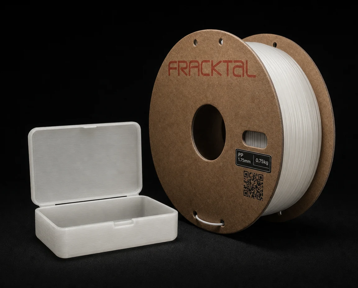 Fracktal PP polypropylene filament spool beside a printed living-hinge case