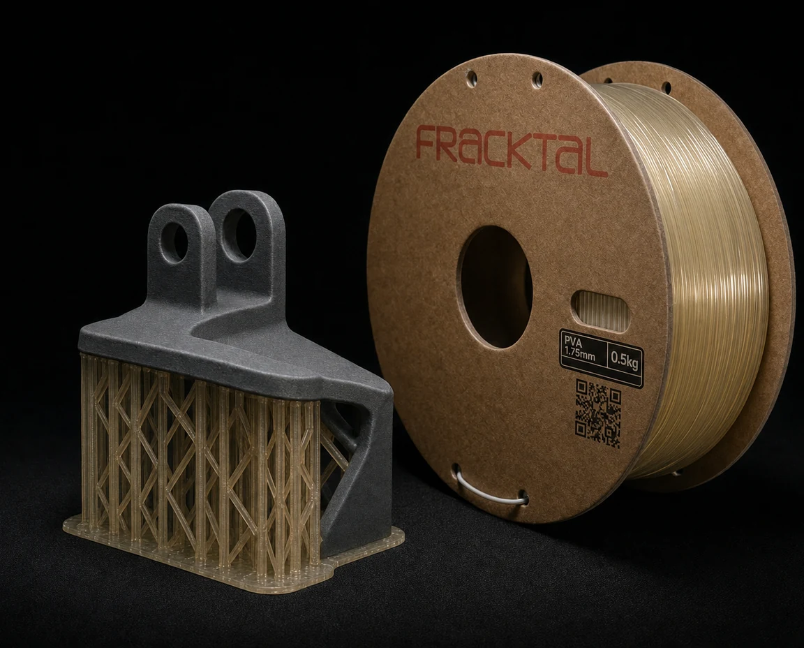 Fracktal PVA water-soluble support filament spool beside a printed bracket standing on translucent PVA support lattice