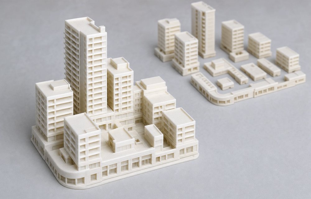 A large architectural massing model printed as one piece beside the same block split into parts