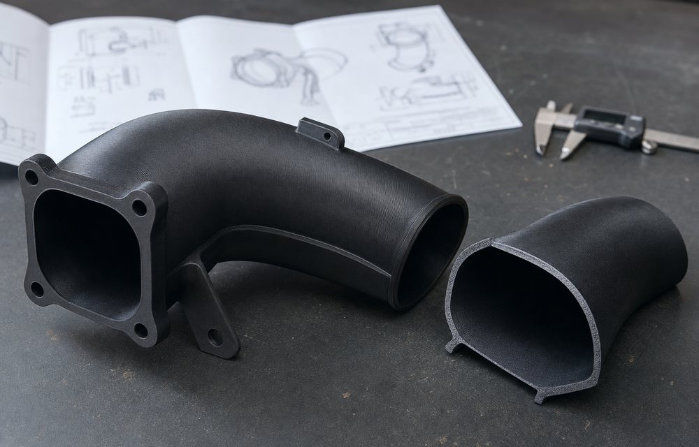 A 3D printed automotive intake and duct prototype on an engineering bench