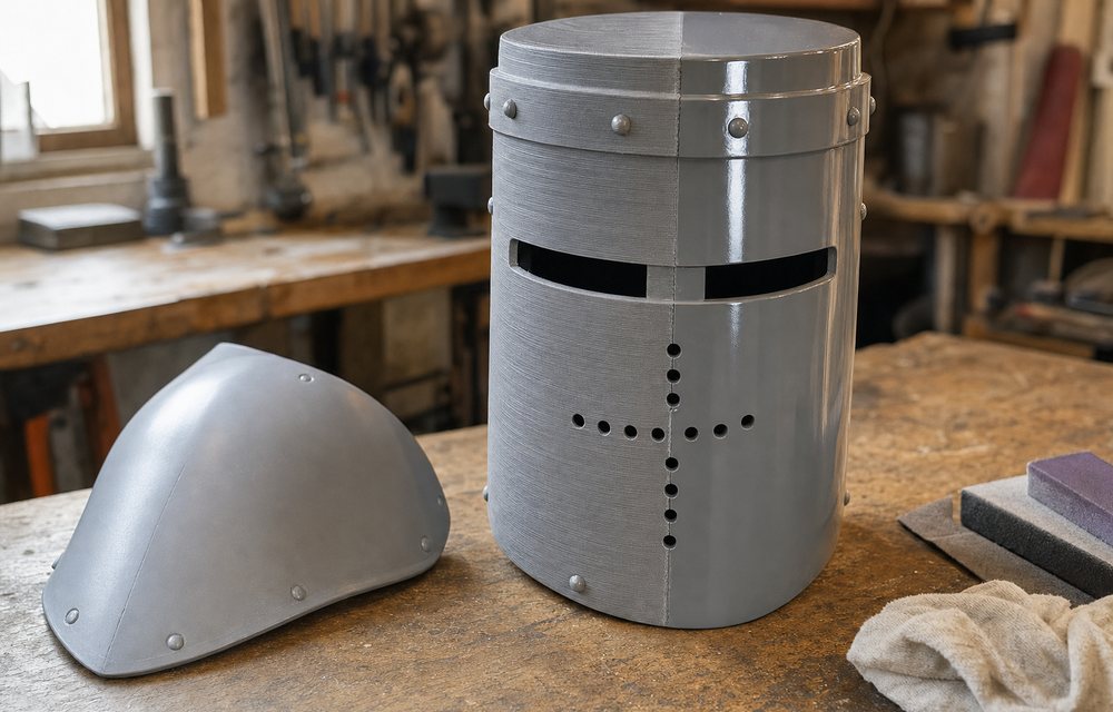 A large 3D printed prop helmet part-finished on a maker's bench