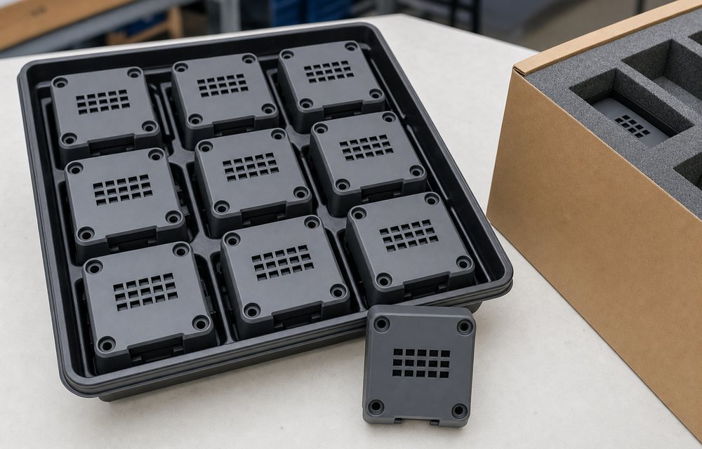 A tray of finished 3D printed end-use production parts ready to ship