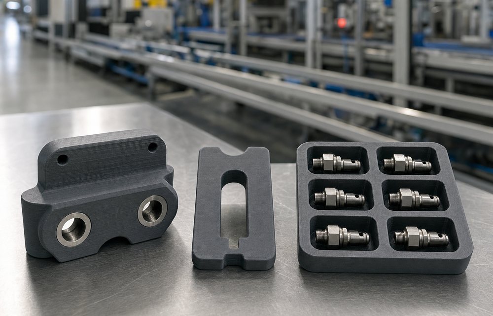3D printed manufacturing aids — a guide, a gauge and a tray — on a production bench