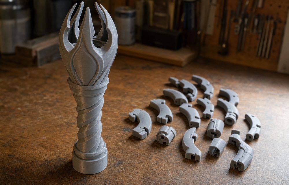A tall prop printed in two large pieces beside the same shape split into many small ones