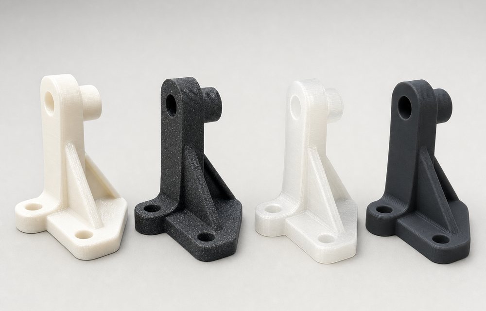 The same prototype bracket printed in four different engineering materials