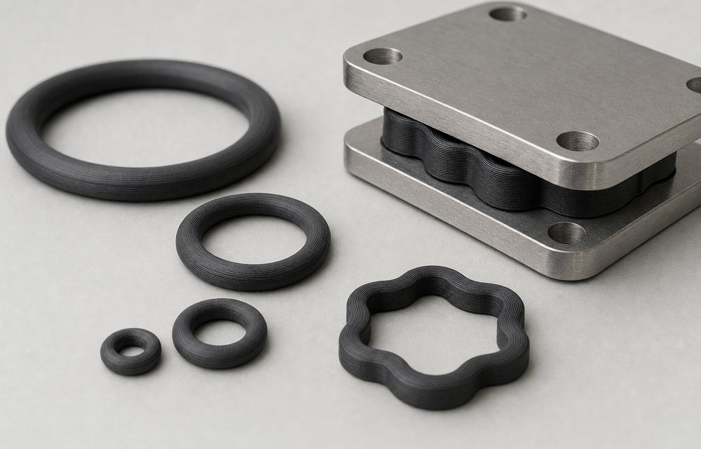3D printed flexible black TPU parts for seals & gaskets