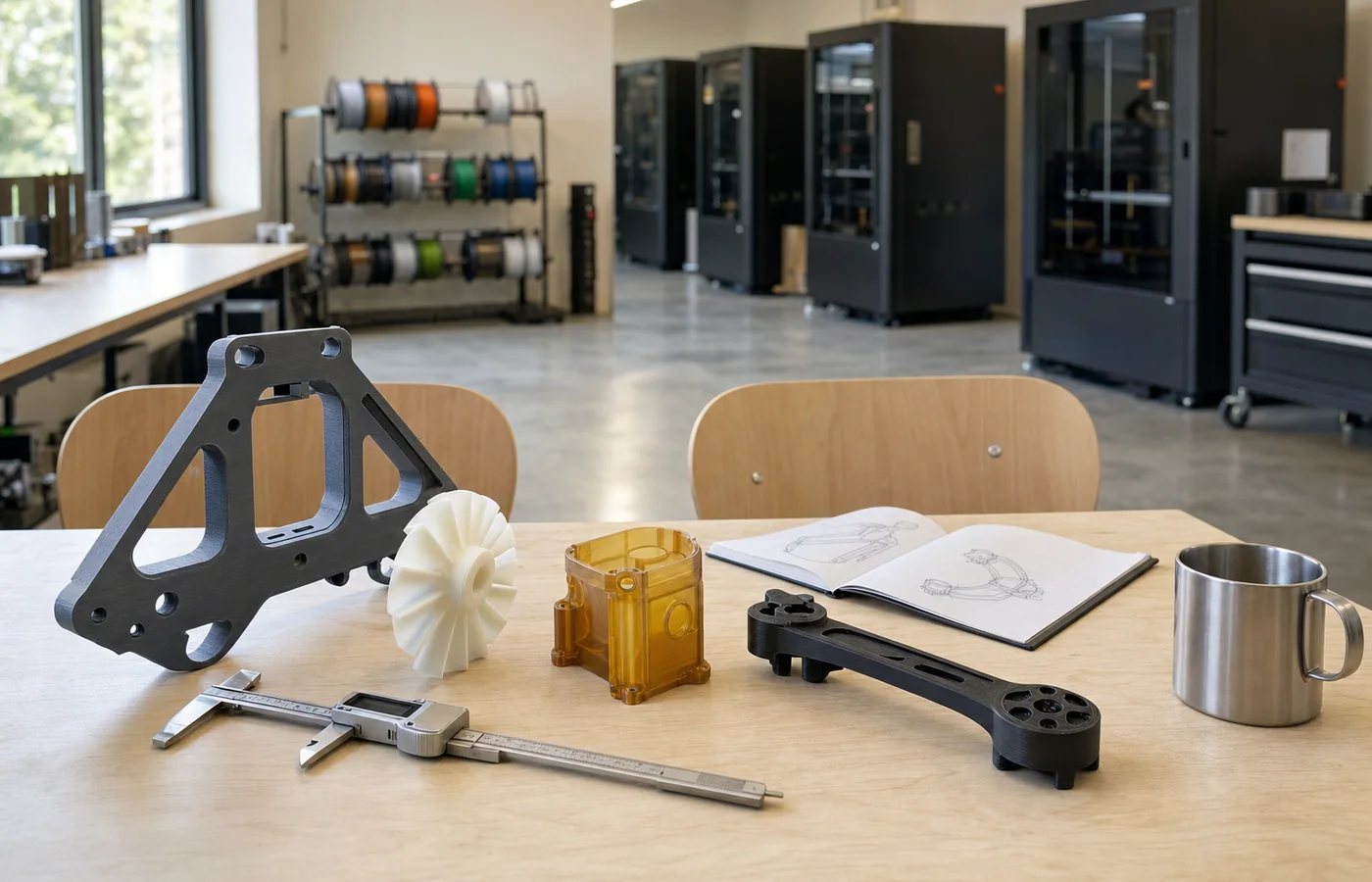3D printed parts, calipers and a sketchbook on a consultation bench at the Fracktal Works workshop in Bengaluru