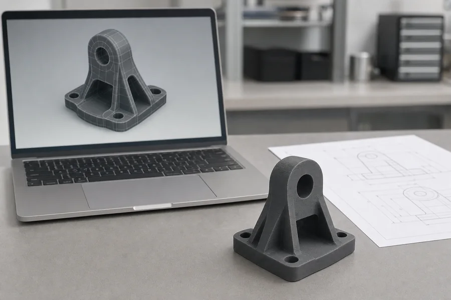 A CAD model open on a laptop beside the 3D printed part it produced and its dimensioned drawing