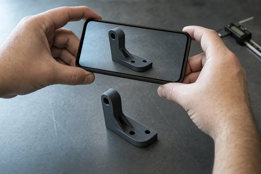 Hands photographing a 3D printed bracket on a workbench with a phone