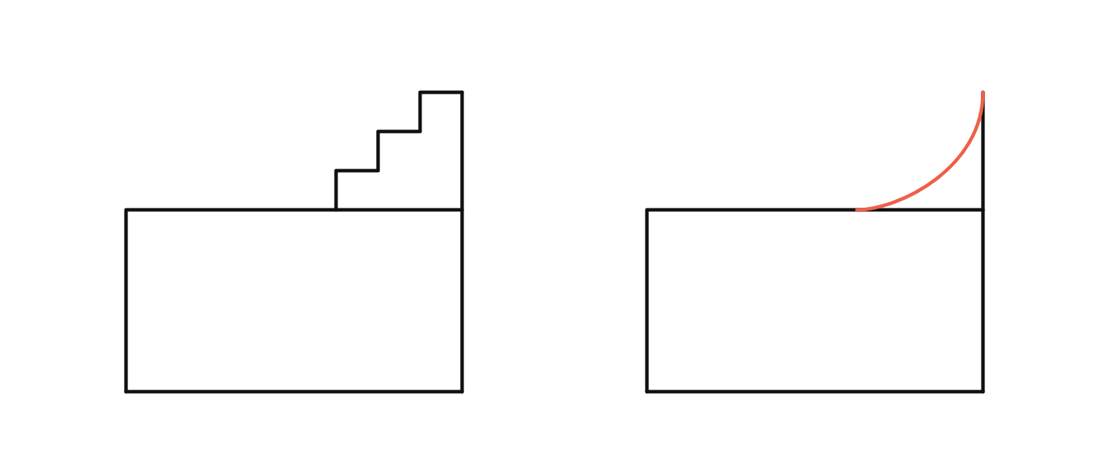 A layer-stepped corner beside the same corner smoothed by solvent vapour