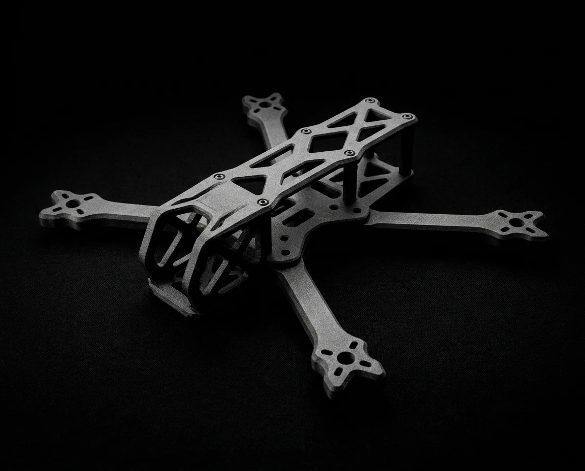 Matte black carbon-fiber nylon 3D printed drone frame component — aerospace and defence application
