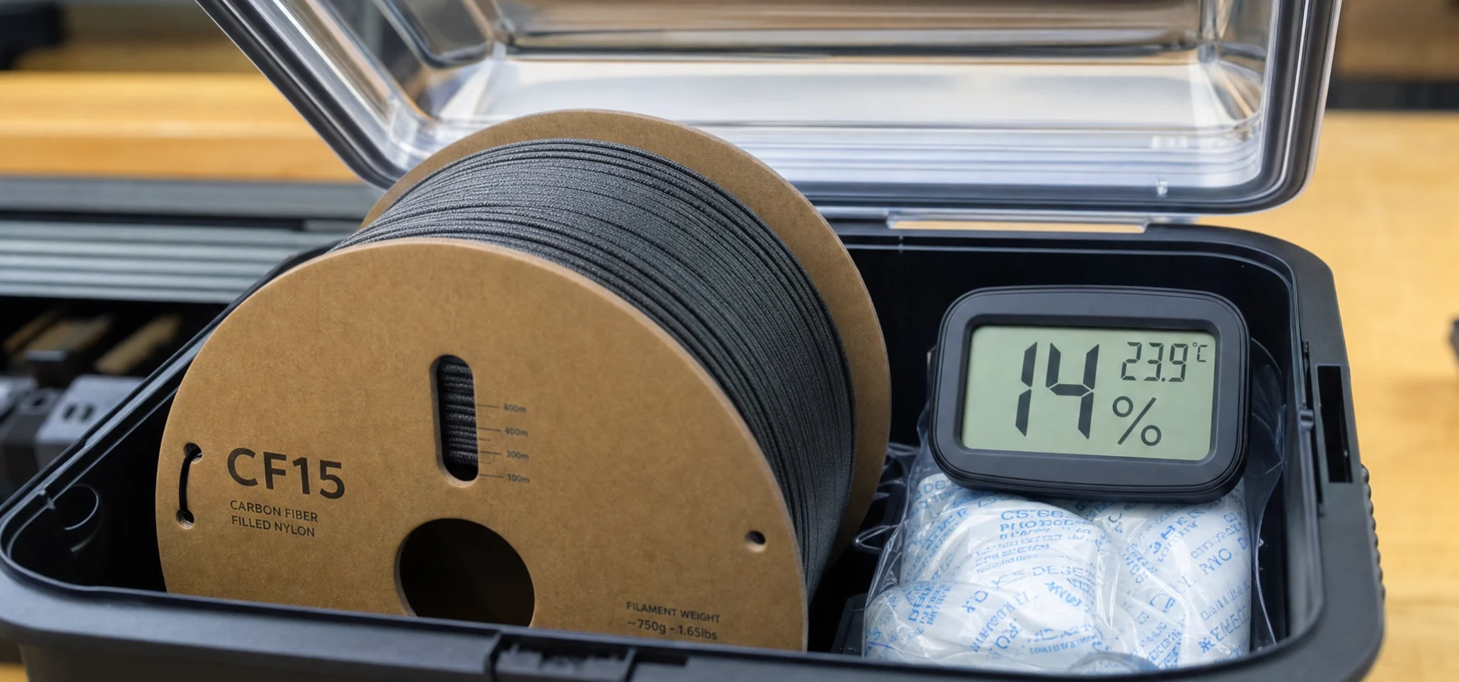 CF-PA filament dry box with hygrometer showing low humidity