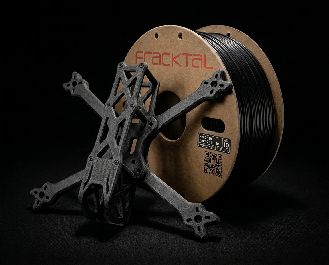 Carbon fiber nylon (CF-PA) 3D printed part — matte composite finish, soft-edged blend on black background