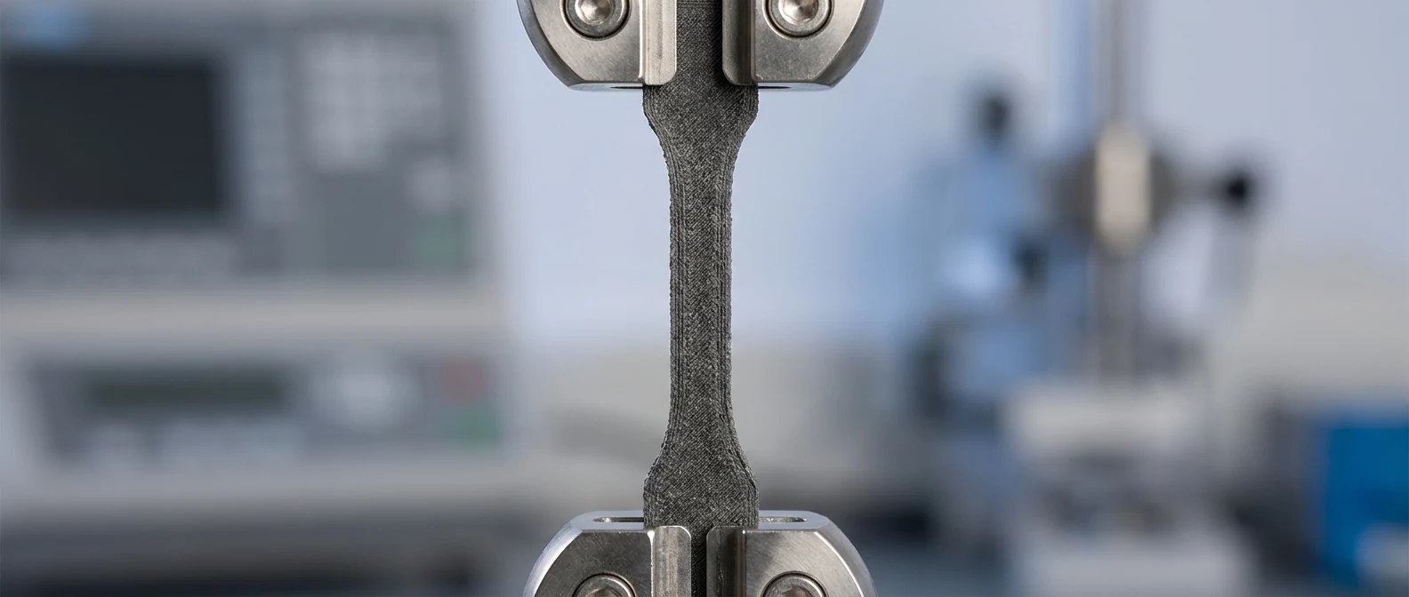 CF-PA tensile test specimen in stainless steel grips