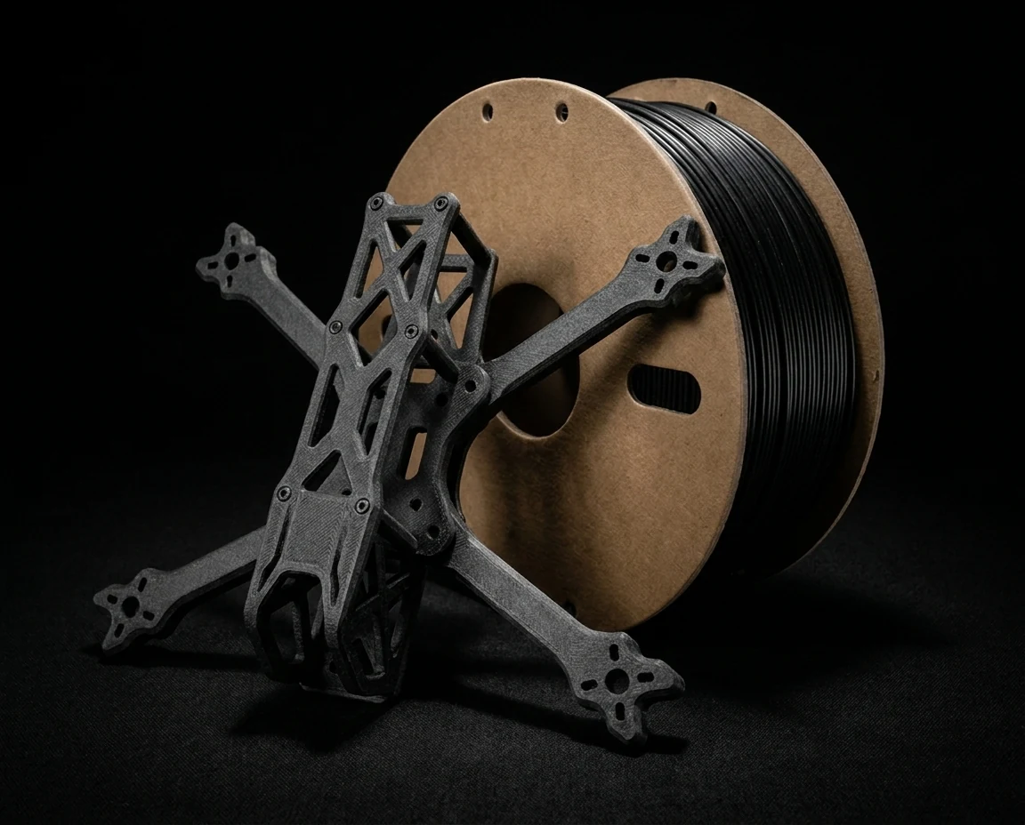 PETG filament spool beside printed structural parts