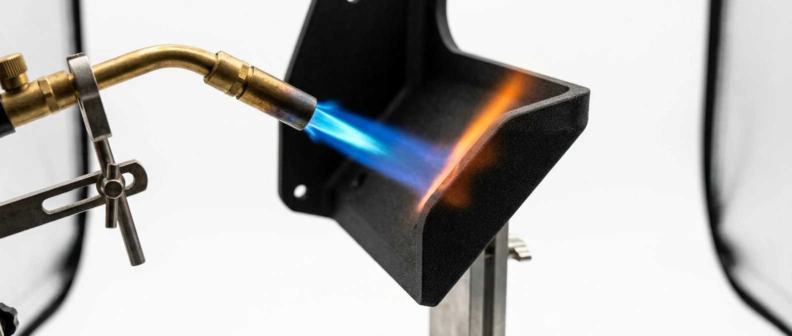 Torch flame test on CF-PA bracket demonstrating heat resistance