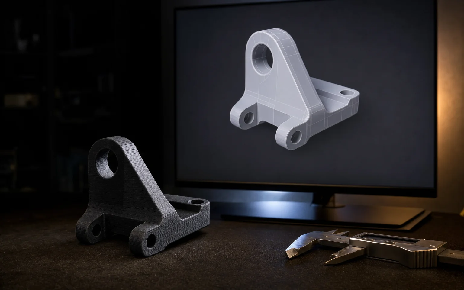 A CAD model on screen beside the same part 3D printed