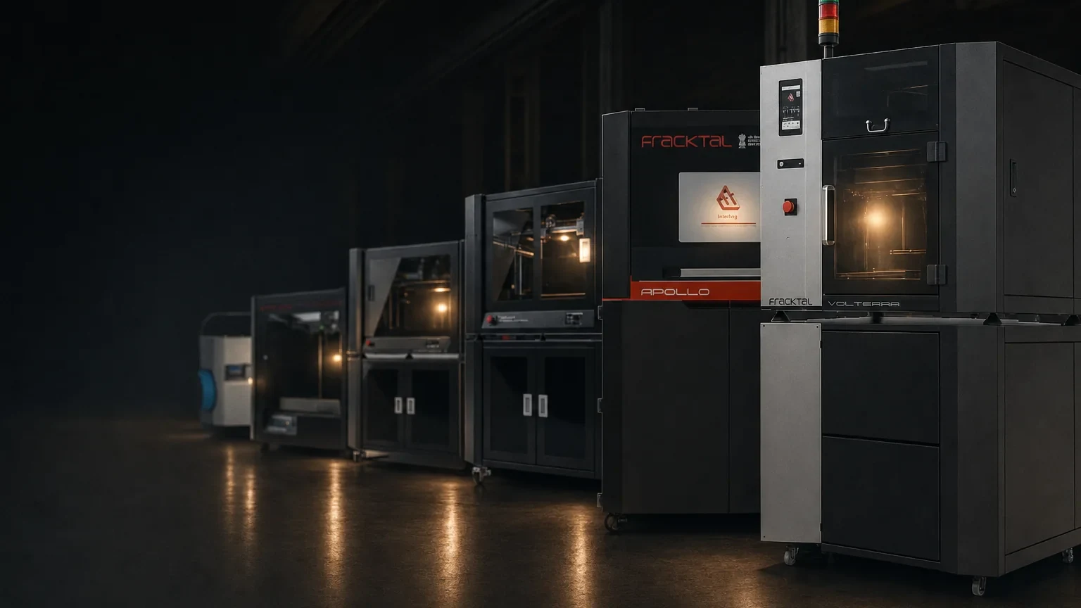 The Fracktal Works 3D printer range in a dark production hall in Bengaluru