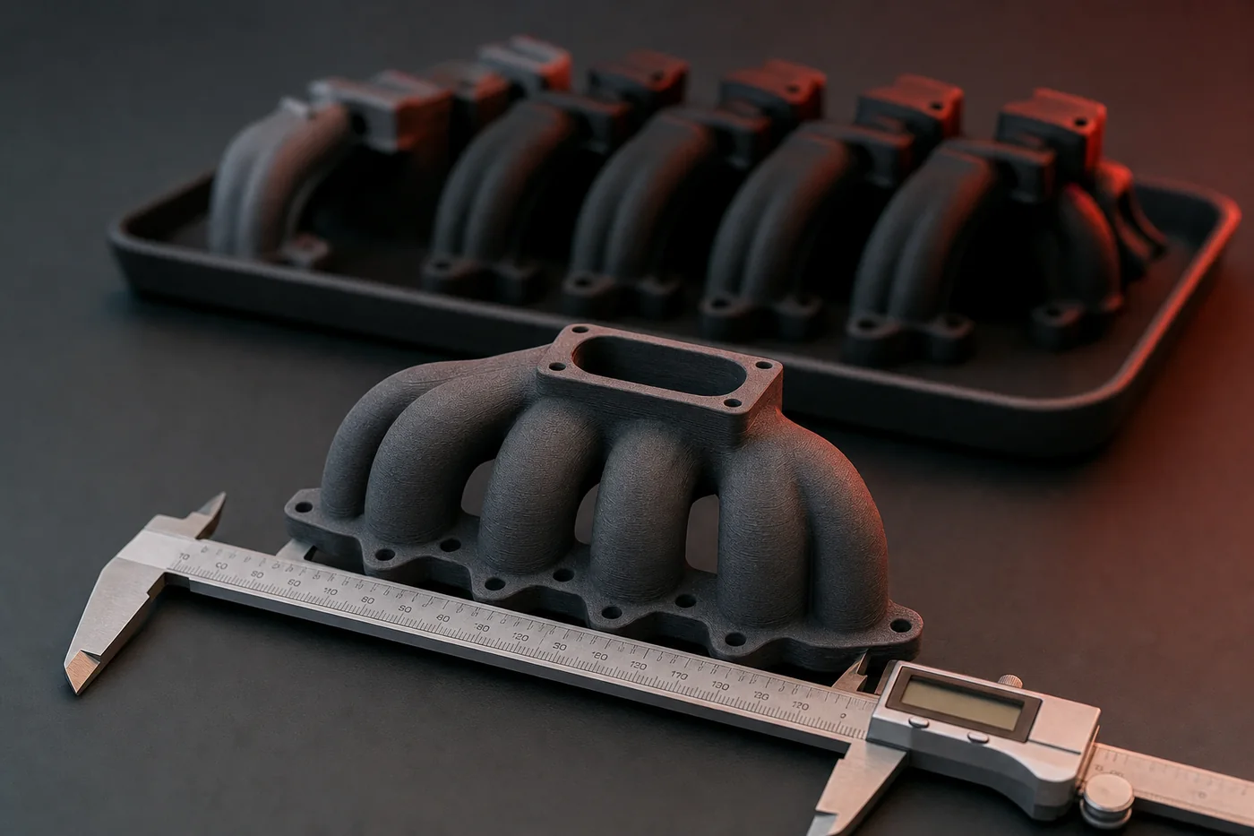 A 3D-printed manifold measured in digital calipers on a quality-inspection bench