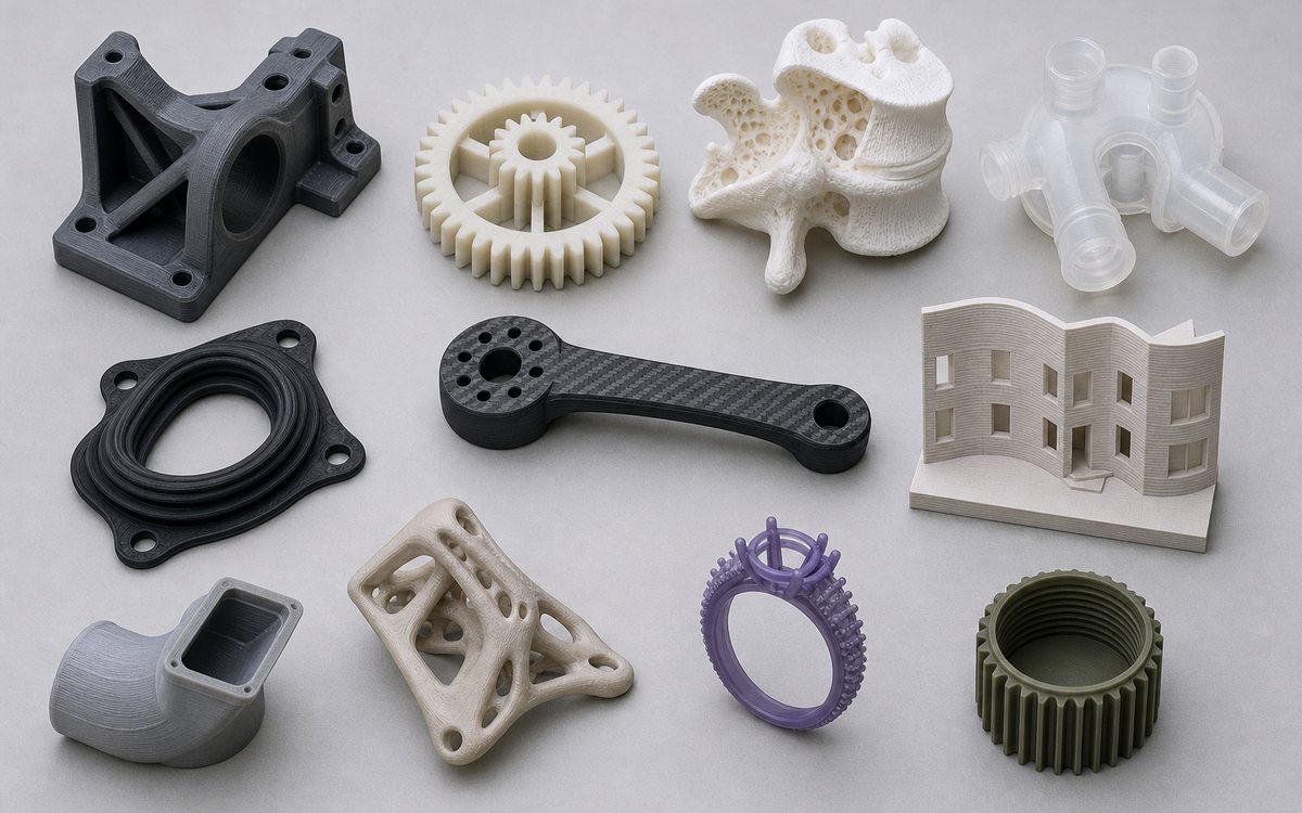 A spread of 3D printed parts from many different industries