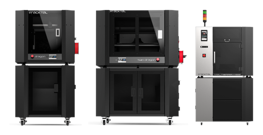 Fracktal Dragon, Twin Dragon and Volterra industrial 3D printers side by side
