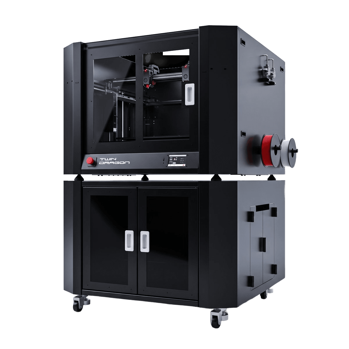 Fracktal Twin Dragon 3D printer, a black dual-chamber machine with red and white filament spools, at a three-quarter angle
