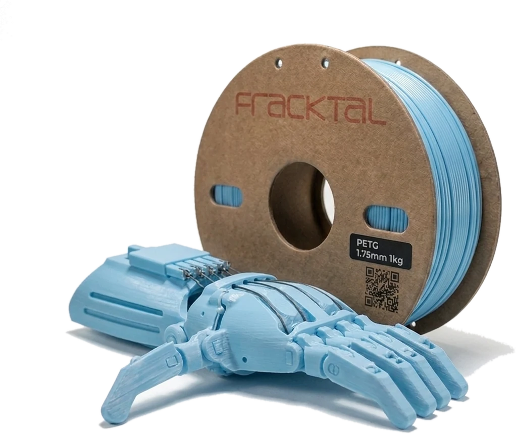 PETG 3D printed filament spool with cyan translucent enclosure part