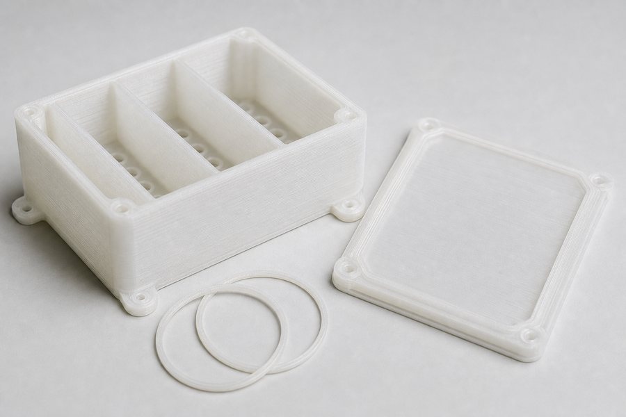 3D printed polypropylene battery housing and chemical-resistant gaskets