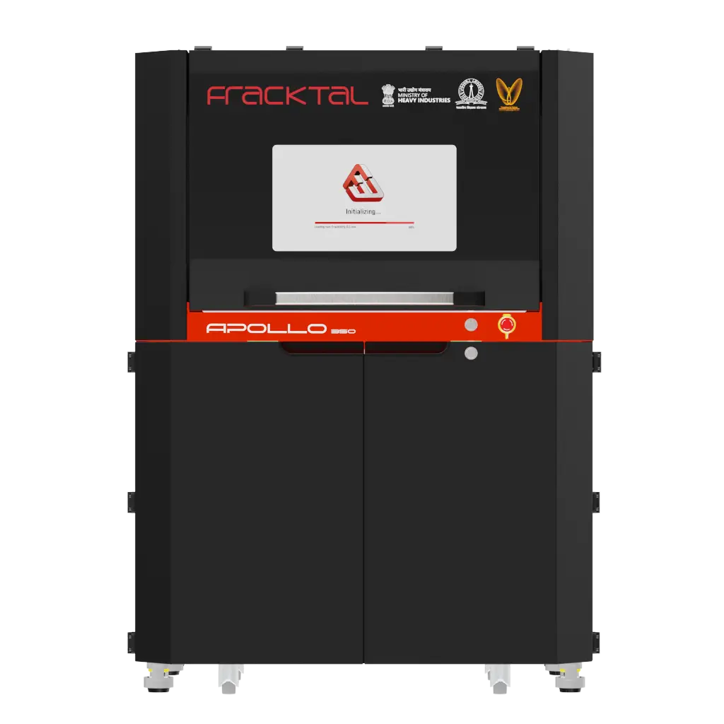 Fracktal Apollo 350 SLS 3D printer with powder cart, three-quarter view