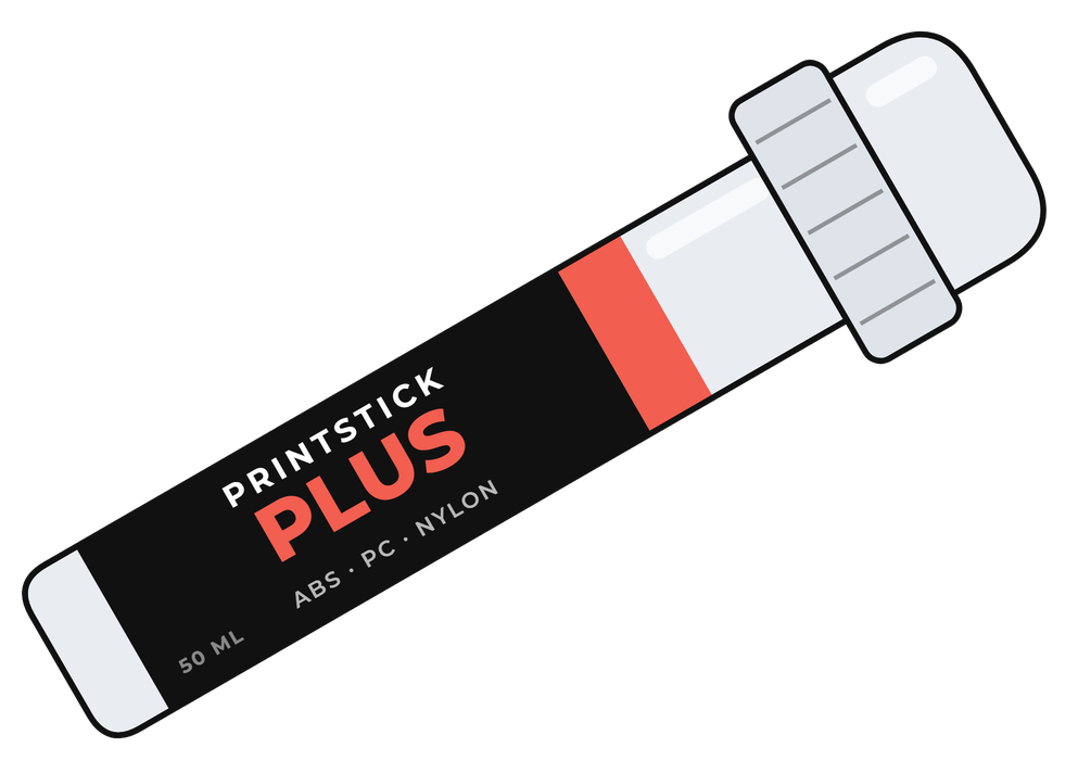 Illustration of the Fracktal PrintStick Plus 50 ml bed-adhesive bottle, labelled for ABS, PC and Nylon