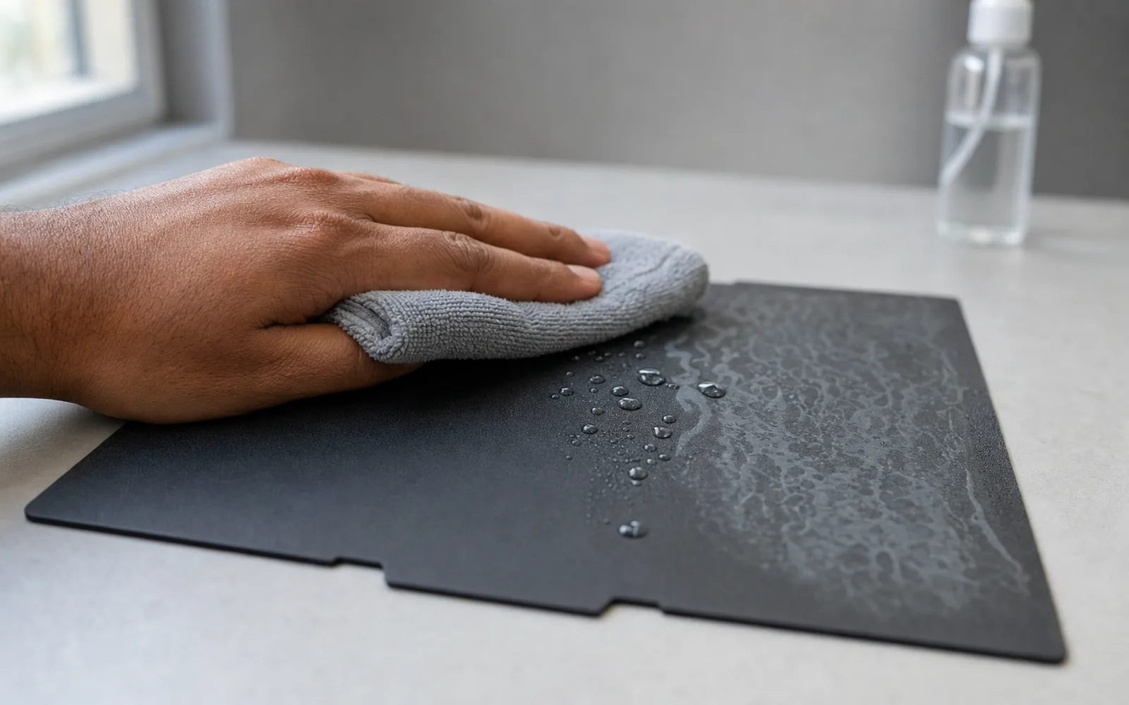 A build plate being wiped down with a damp cloth