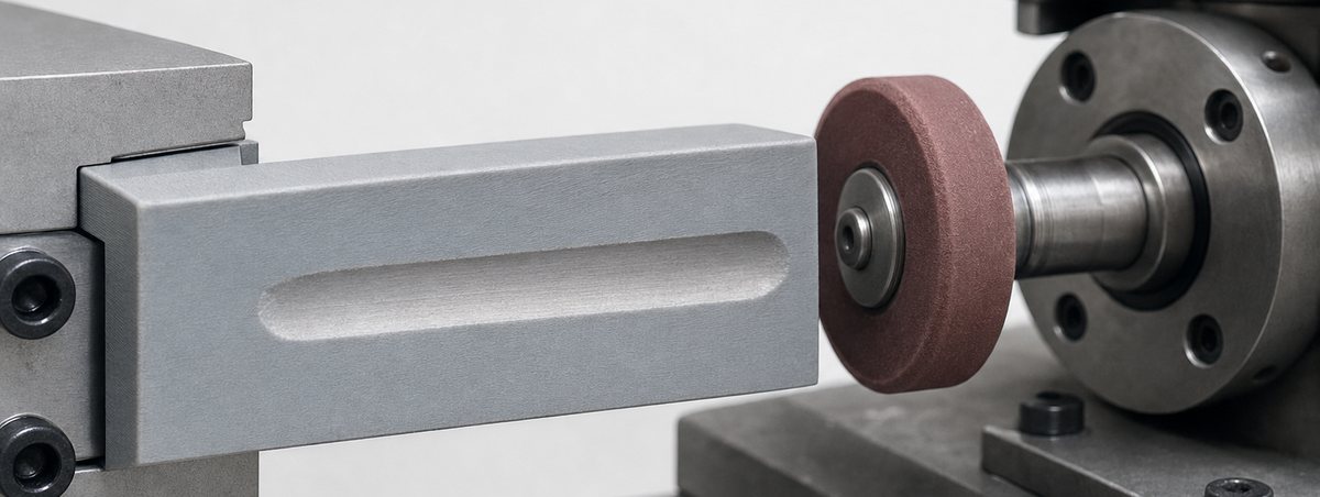 A printed part against an abrasive wheel