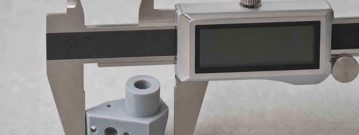 A printed part measured in digital calipers