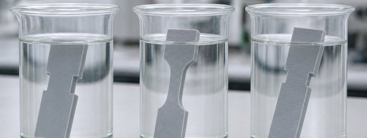 Printed coupons immersed in clear solvent in beakers