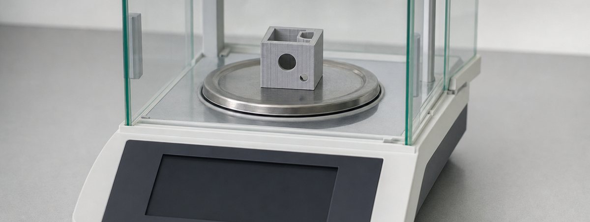 A printed part resting on a precision laboratory balance