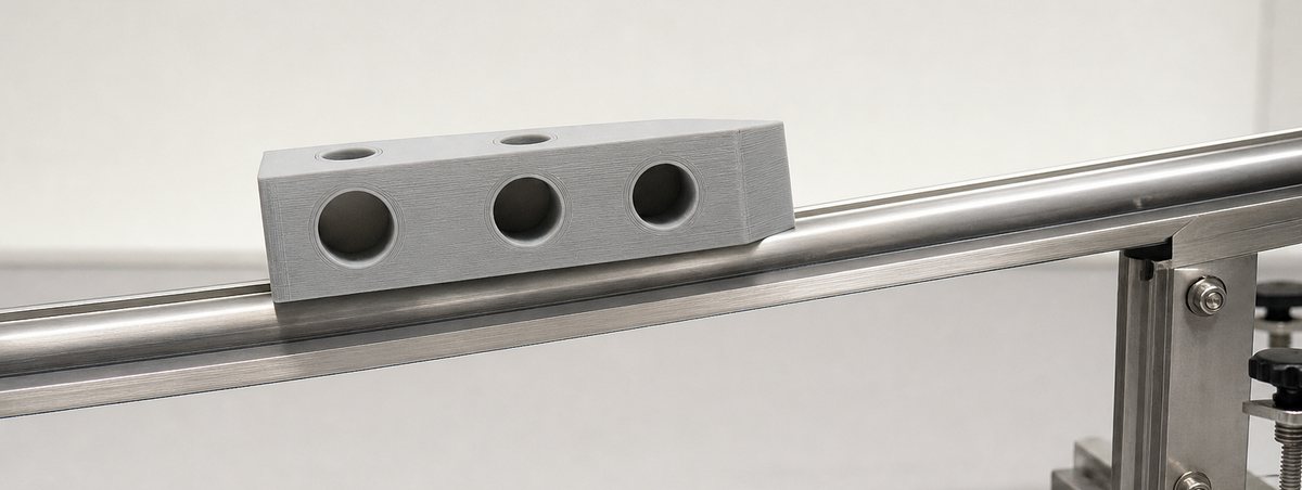 A printed block sliding on a polished steel rail
