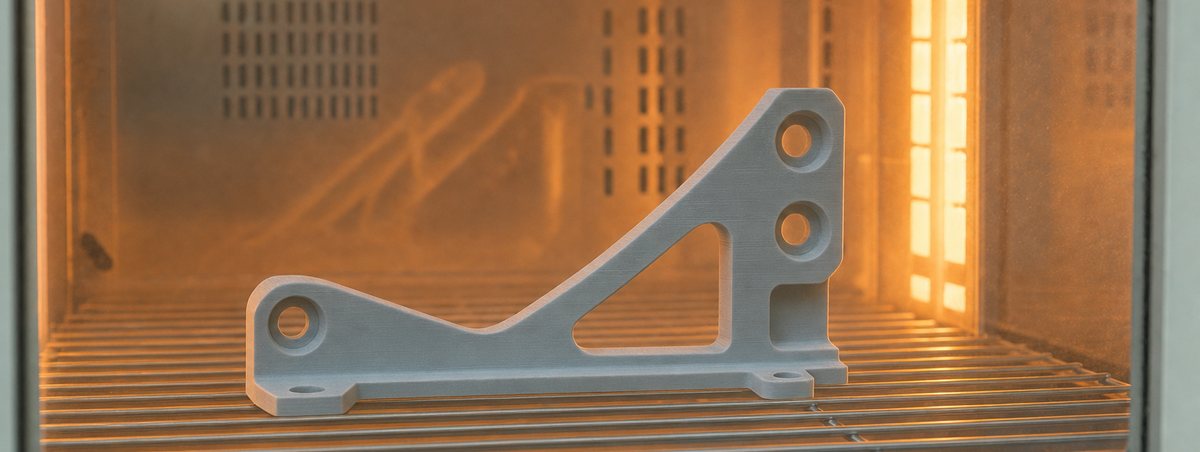 A printed bracket held at temperature in a laboratory oven