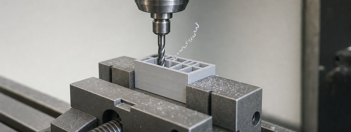 A printed block being drilled, swarf curling away