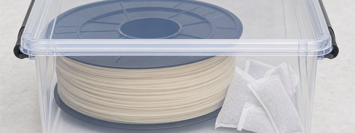 A filament spool sealed in a dry box with desiccant