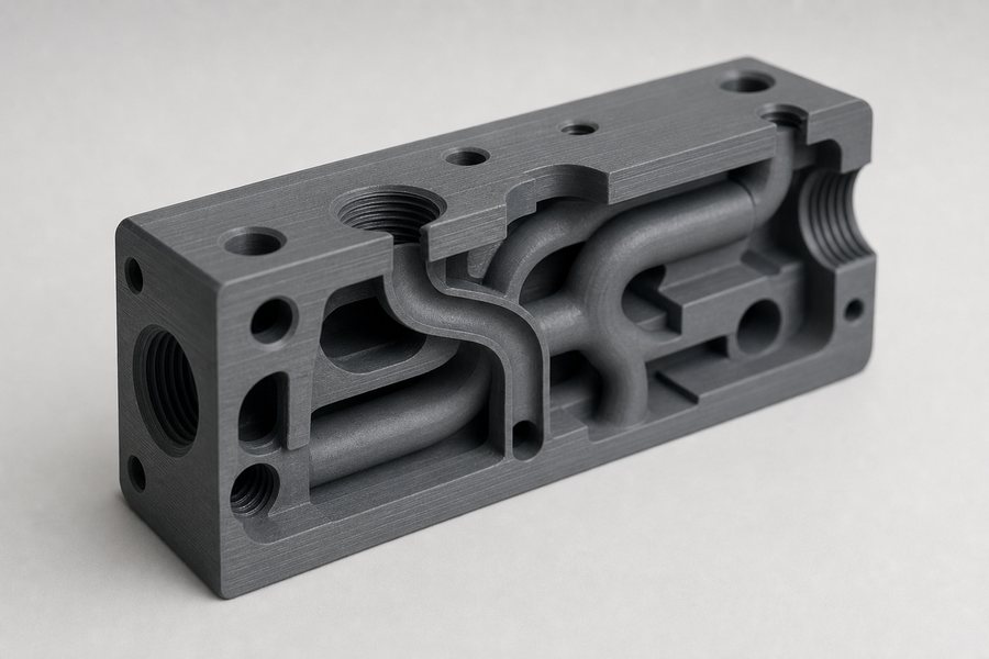 3D printed manifold with internal channels made possible by soluble support