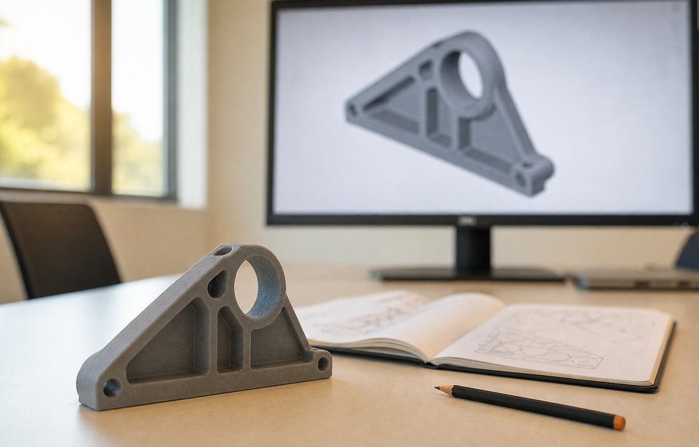A printed bracket and its CAD model at a design review