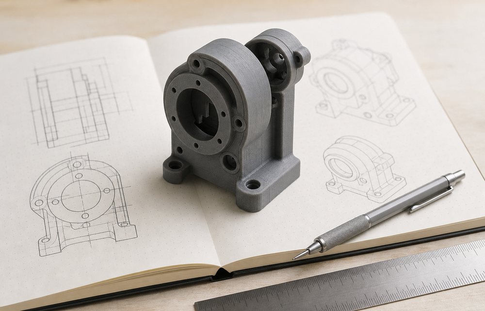 A hand-sketched design beside the finished printed part
