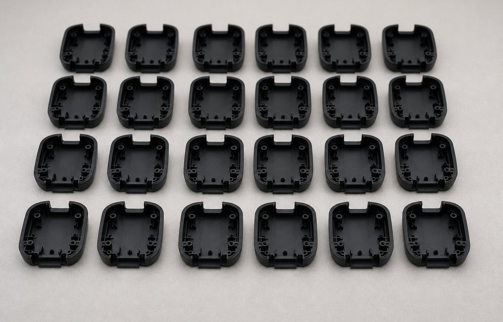 A production batch of identical dyed-black nylon parts