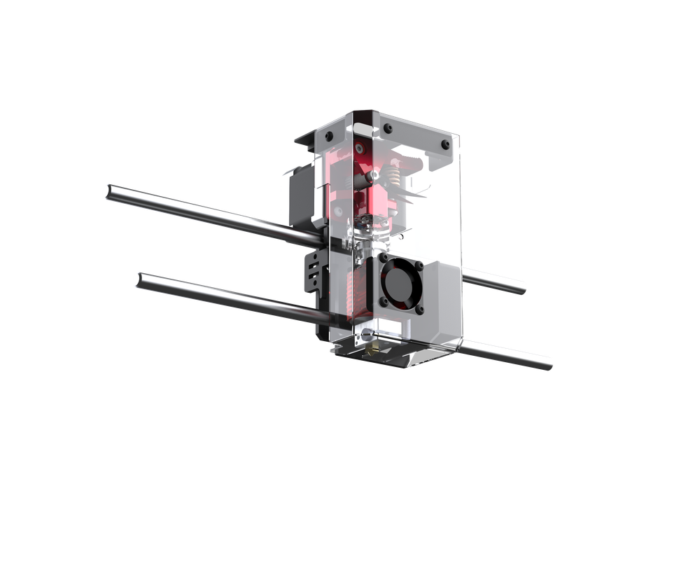 Acrylic cutaway render of the Snowflake direct-drive extruder showing the heater block