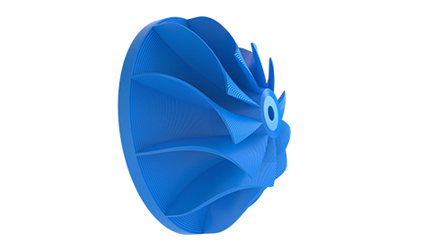 A finished blue 3D-printed impeller