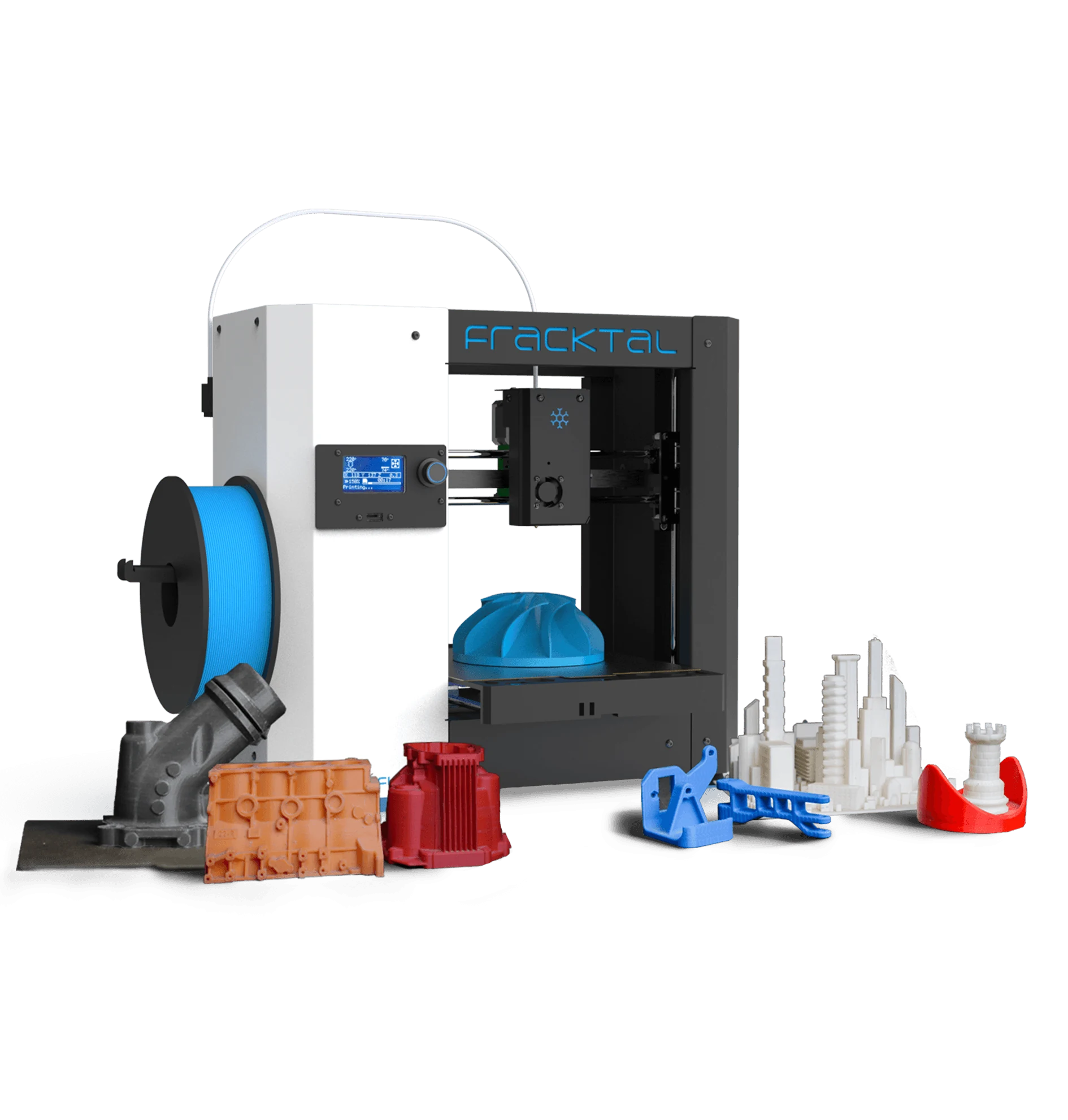 Snowflake 3D printer beside an array of colourful printed parts
